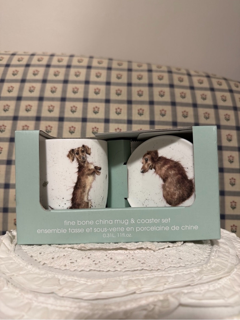 Royal Worcester White Mug and Coaster Set with Brown Dachshund Artwork